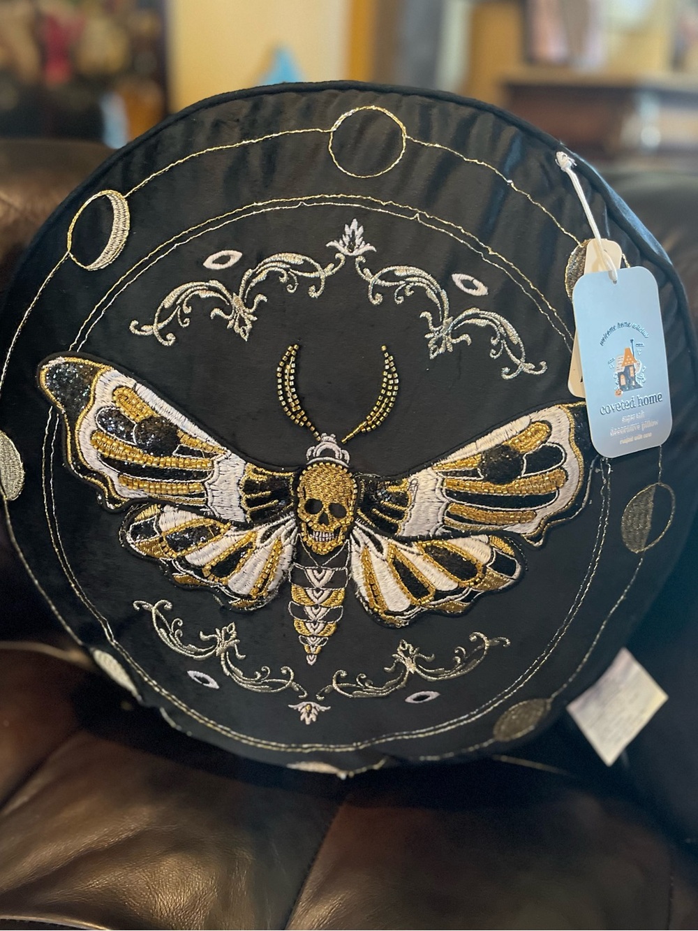 COVETED HOME Welcome Home Witches Beaded Skull Moth Moon Decorative Pillow NWT